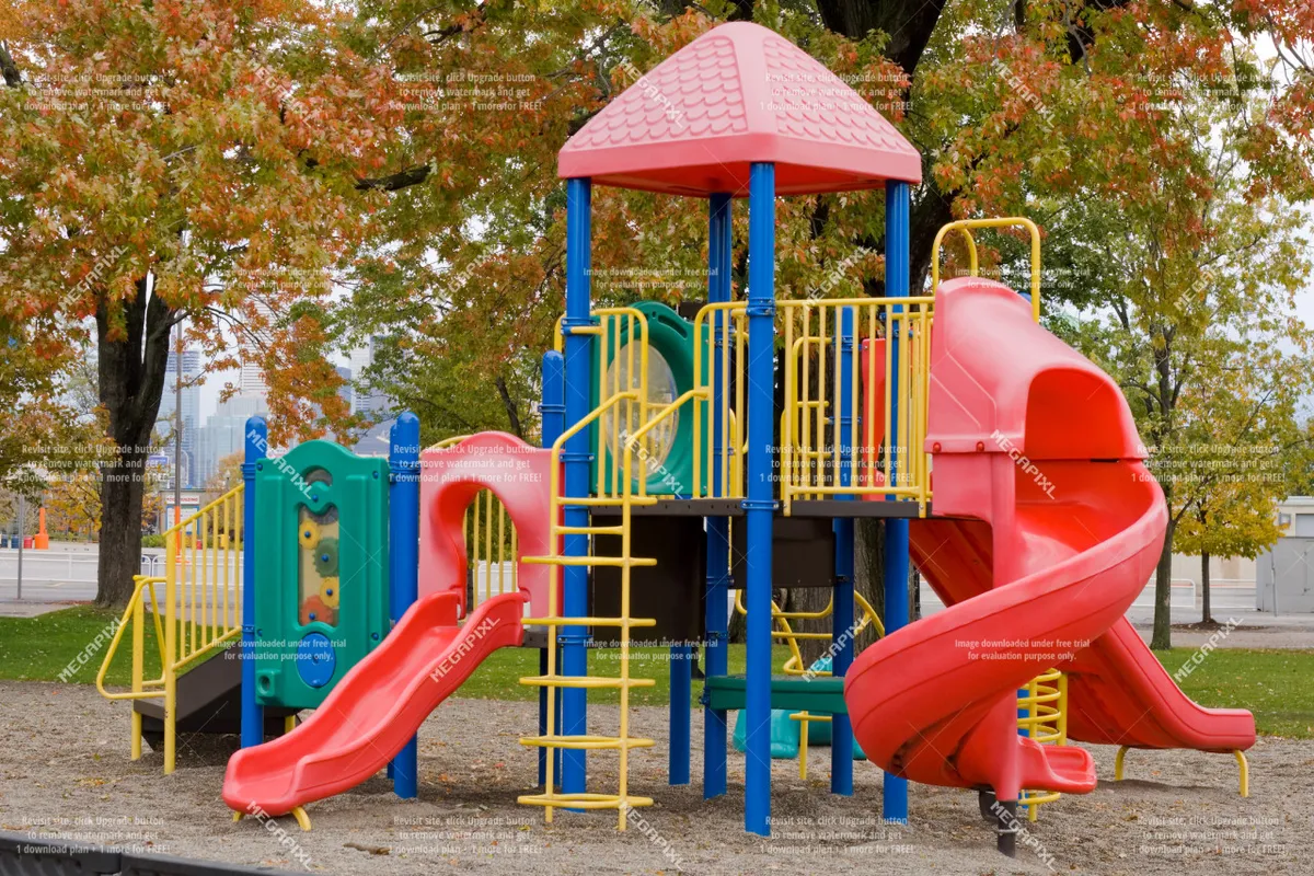 A cheerful playground scene featuring colorful equipment, slides, and climbing structures. Families and children are implied to be interacting and enjoying the space, creating a vibrant, pet-friendly neighborhood atmosphere.